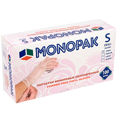 Перчатки одноразовые ВИНИЛОВЫЕ S 100 шт/уп ПРОЗРАЧНЫЕ "MONOPAK" в ...